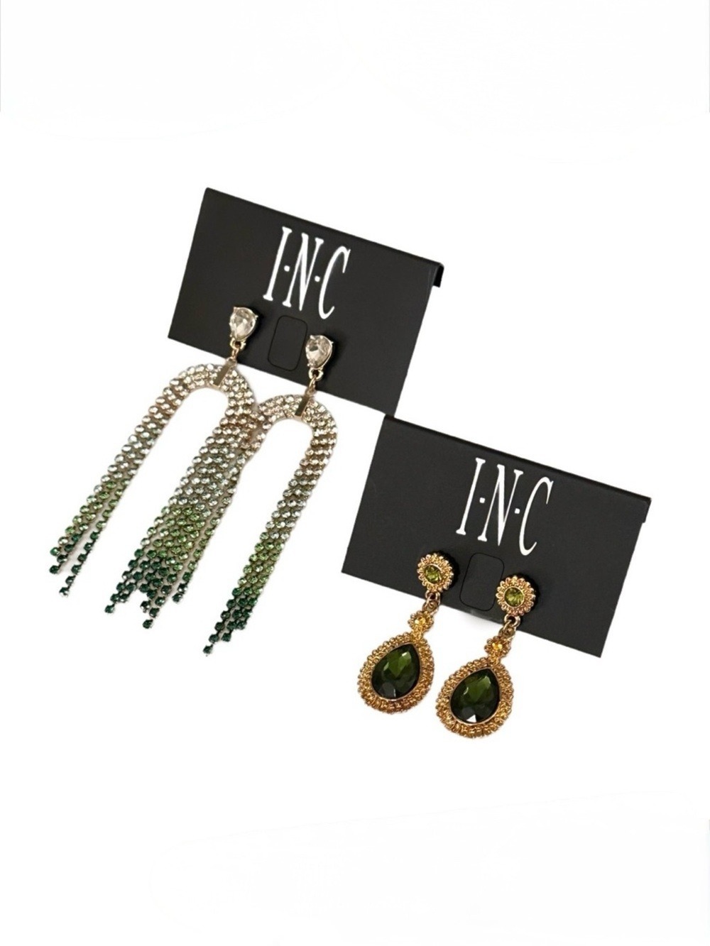 INC International Concepts Green & Gold Fancy Crystal Earring Duo Set 2 Pair NWT